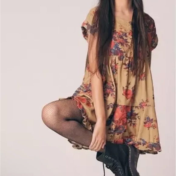 Free People Harper Mini Dress Floral Velvety Cord Ruffle Gold Rose Blue Medium - Picture 2 of 4